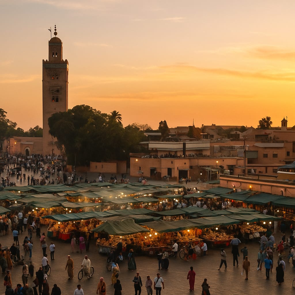Vue sur la place Jaa El Fena et la Koutoubia à Marrakech Maroc