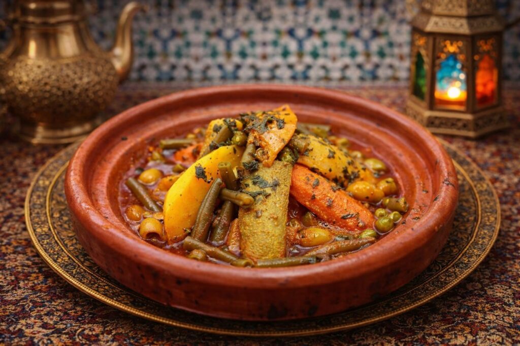 Tajine de légumes servi dans un plat traditionnel marocain