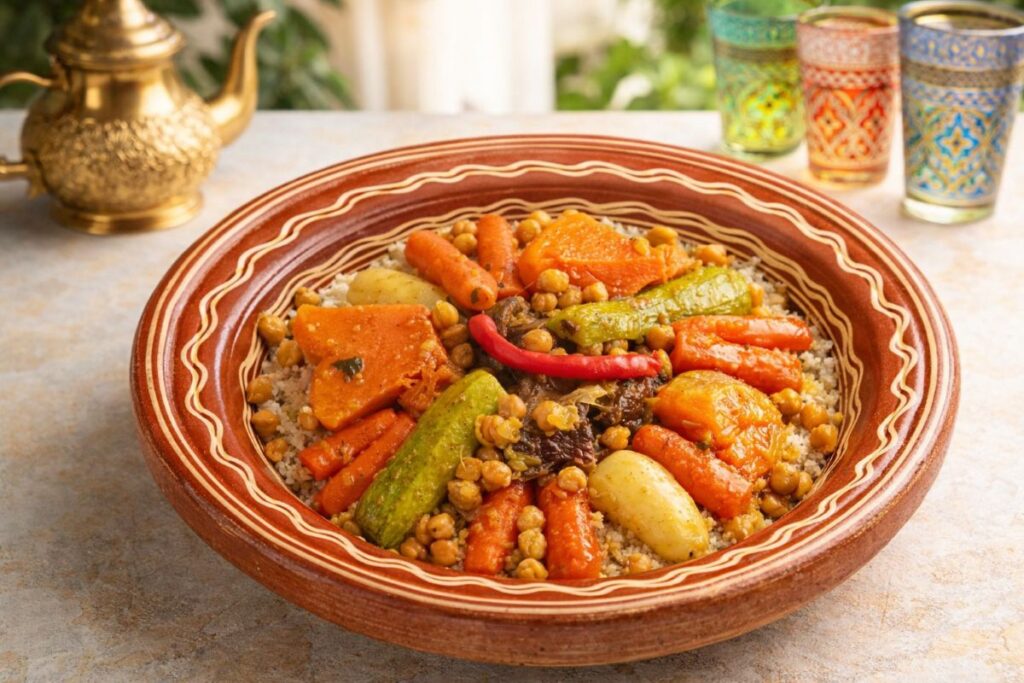 Couscous aux sept légumes servi dans un plat traditionnel marocain et sur la table y a aussi un berrad et 3 gobelets 