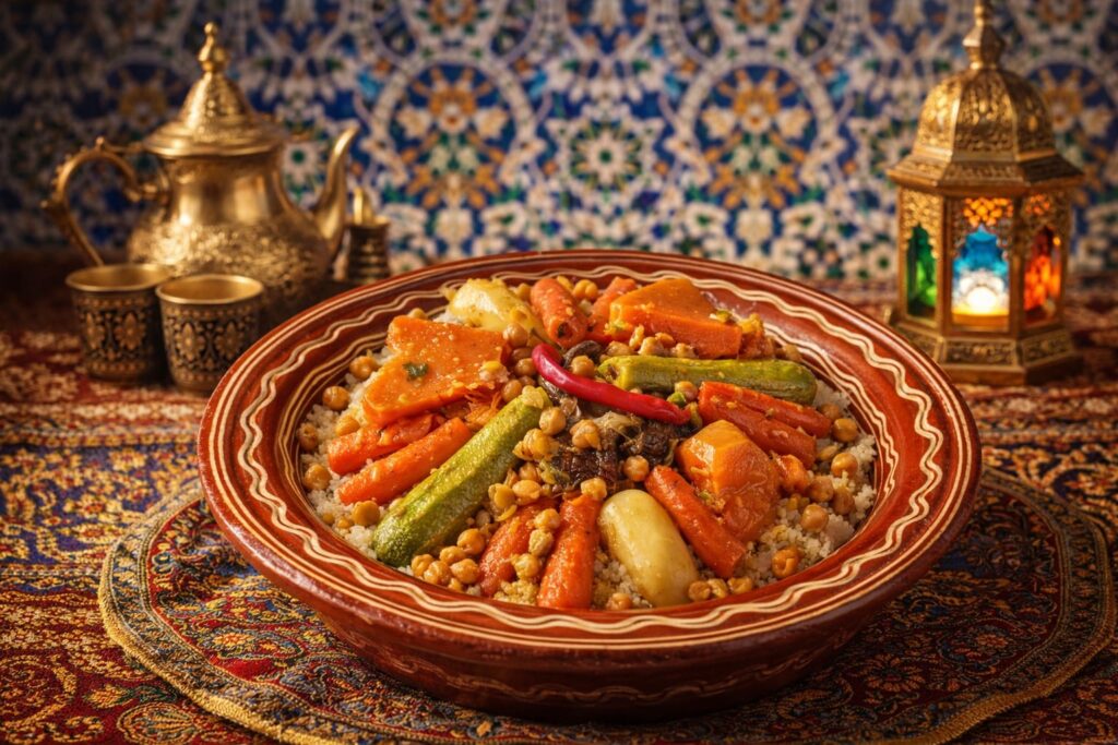couscous royal servi dans un plat traditionnel marocain 