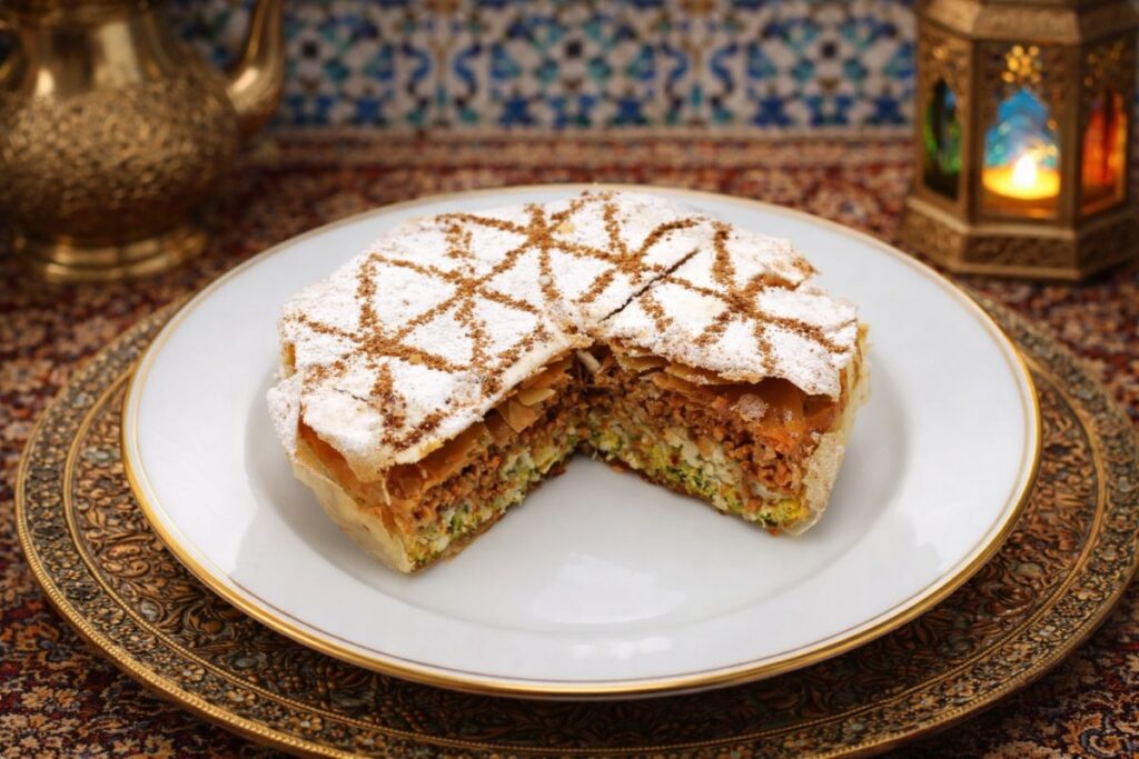 Pastilla au poulet dans un plat traditionnel marocain