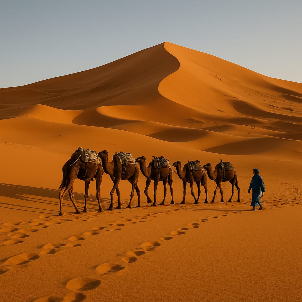Caravanes de dromadaires traversant les dune de Merzouga