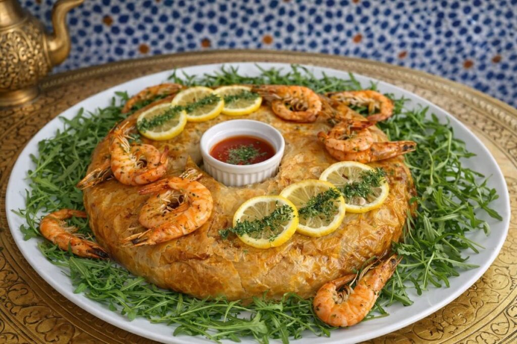 Pastilla marocaine au poisson et fruits de mer, servie sur fond traditionnel marocain