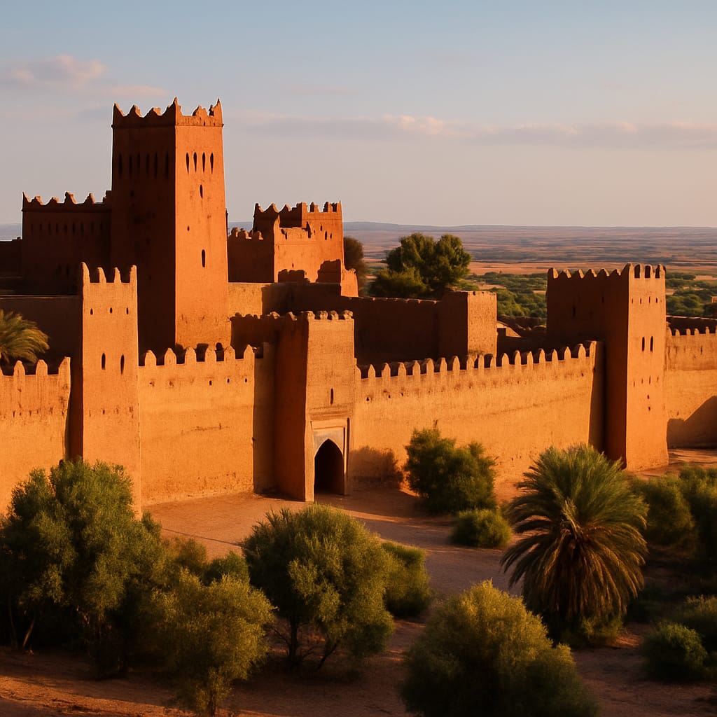 Remparts ocre de la ville de Taroudant au coucher du soleil