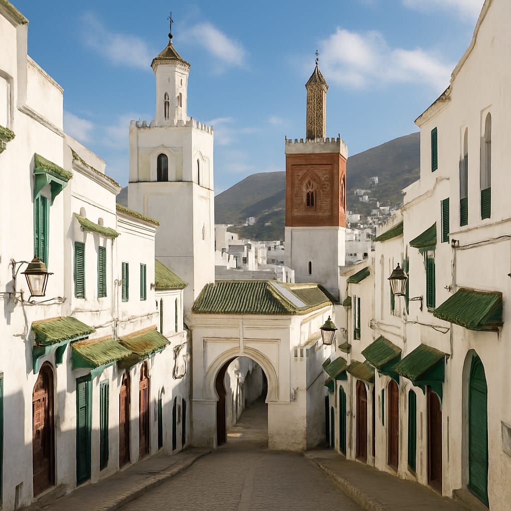Rue traditionnelle de la médina de Tétouan avec ses maisons blanches et ses minarets