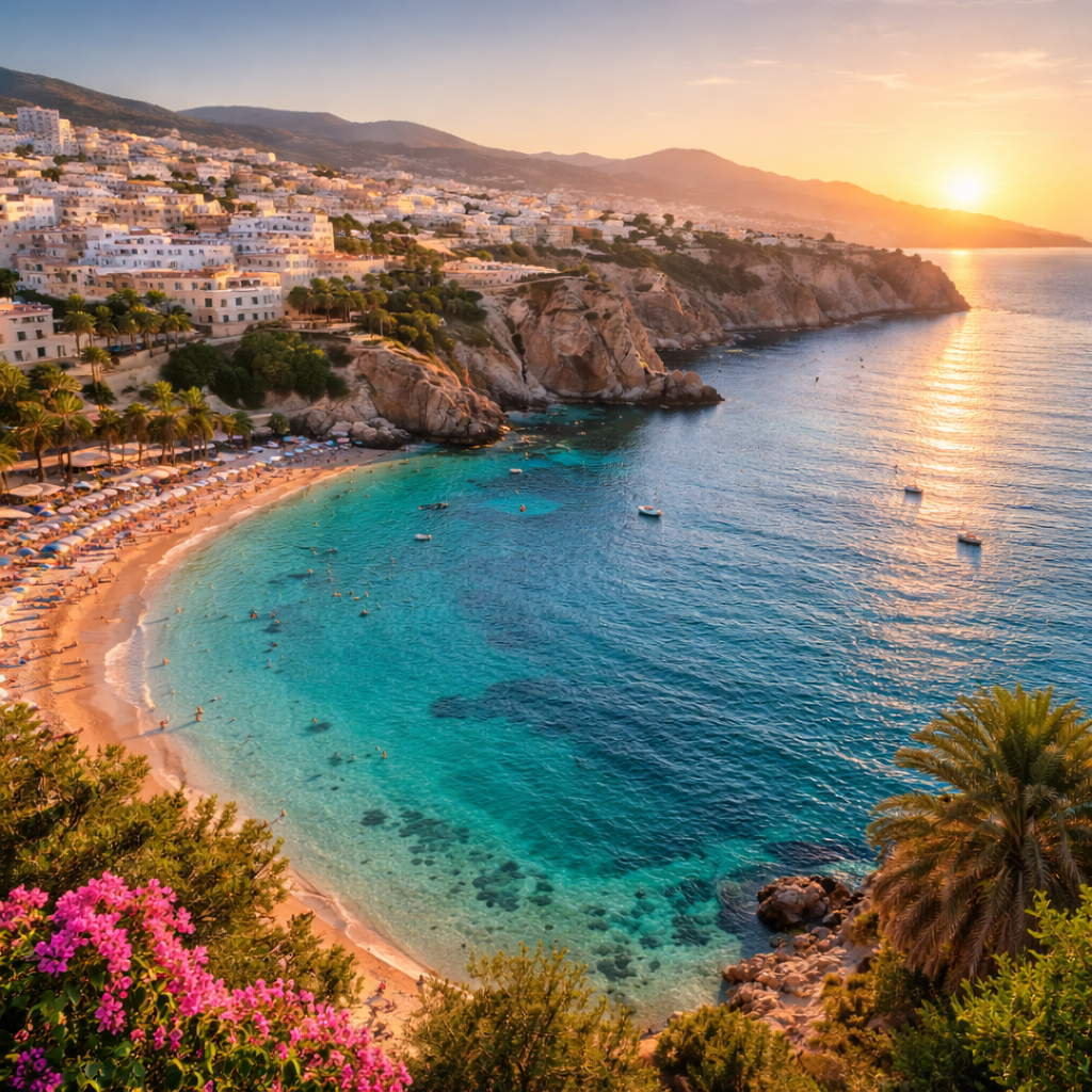 Vue sur les plages d'Al Hoceima, ville côtière méditerranéenne du nord du Maroc, connue pour ses eaux turquoise et falaises.