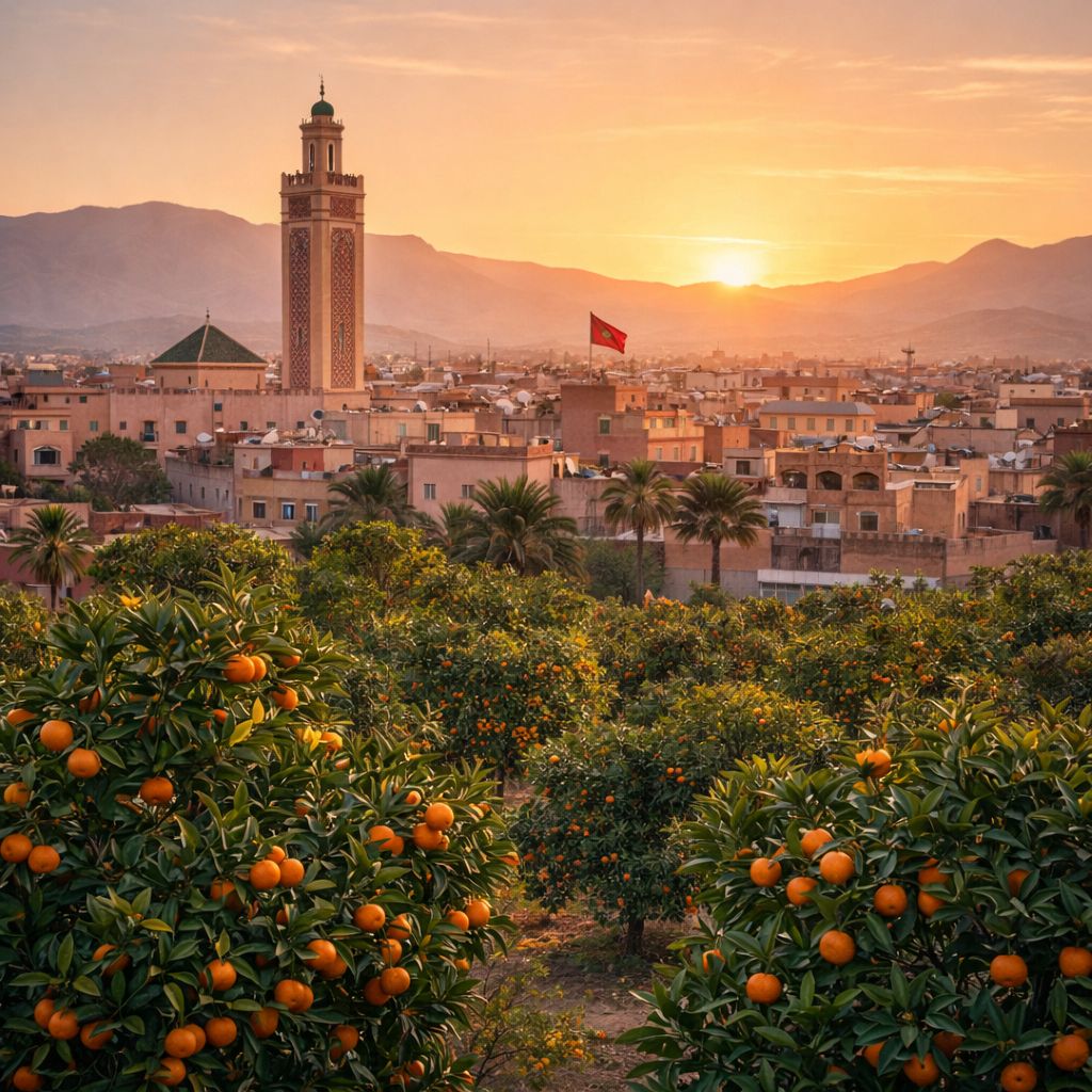 Vue sur Berkane au Maroc avec ses orangers, son minaret et les montagnes de l'orientale au coucher du soleil.