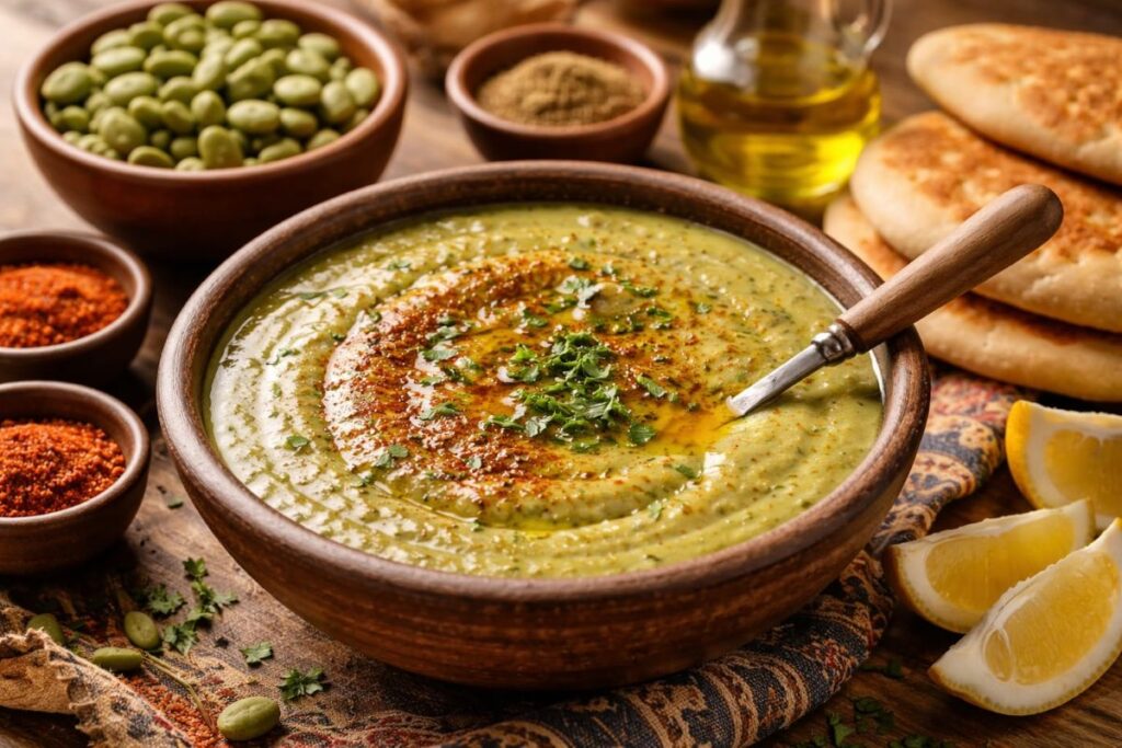 Bissara, soupe traditionnelle marocaine servie dans un bol traditionnel 