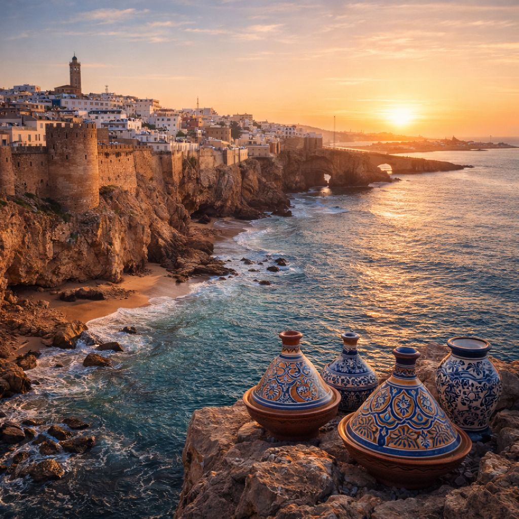 Vue côtière de Safi au Maroc, célèbre pour son artisanat de la céramique et son littoral atlantique.
