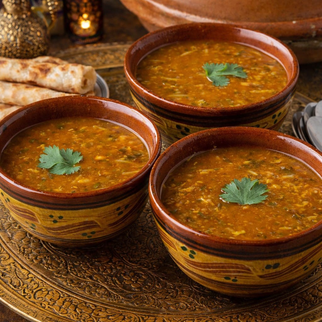 Harira marocaine traditionnelle servie dans des bols en terre cuite, soupe emblématique du Ramadan