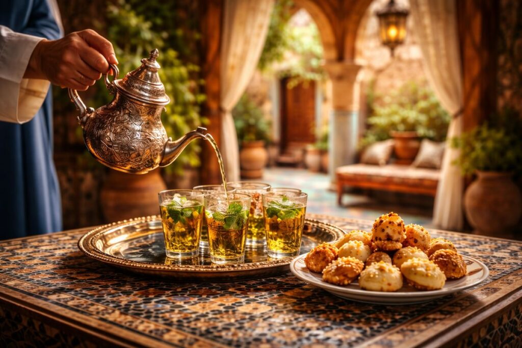Service de thé à la menthe, symbole de l'hospitalité et de l'accueil au Maroc.