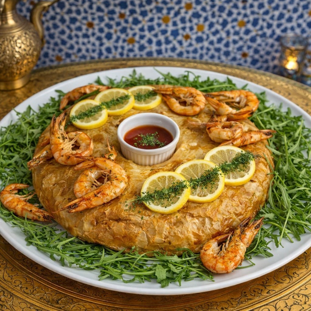 Pastilla marocaine au poisson et fruits de mer, dorée au four, servie sur fond traditionnel marocain