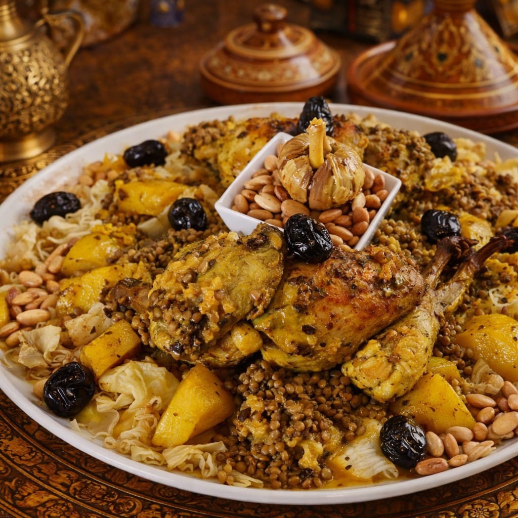 Rfissa marocaine traditionnelle au poulet, lentilles et msemen, plat emblématique du maroc