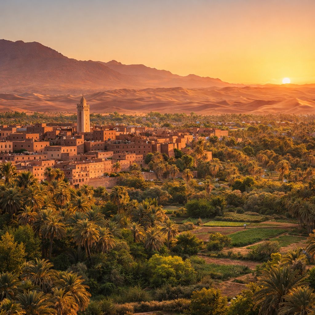 Paysage de Zagora au sud du Maroc avec palmeraie verdoyante et montagnes  désertiques aux portes du Sahara.