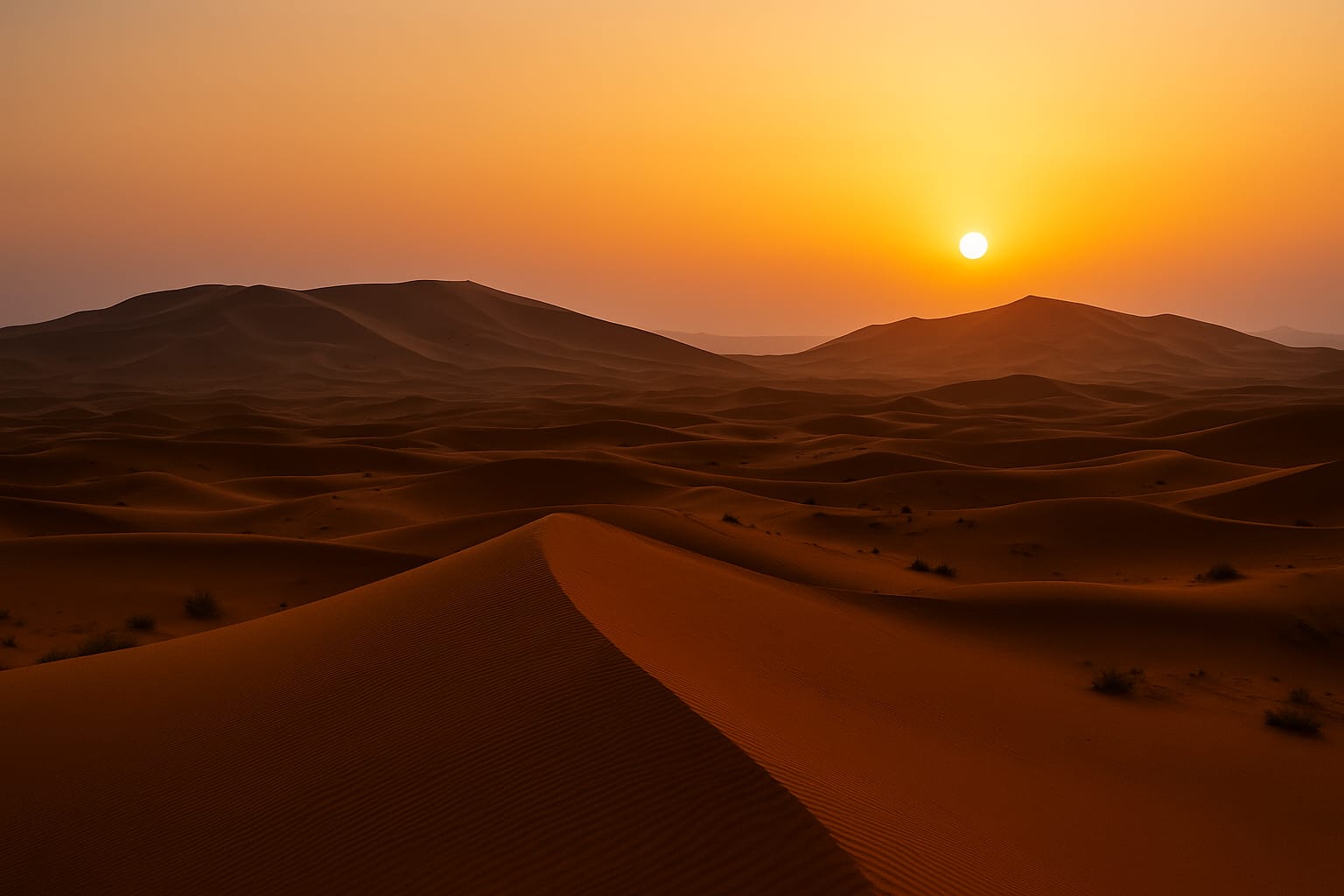 Coucher de soleil sur les dunes du désert de Merzouga au Maroc.