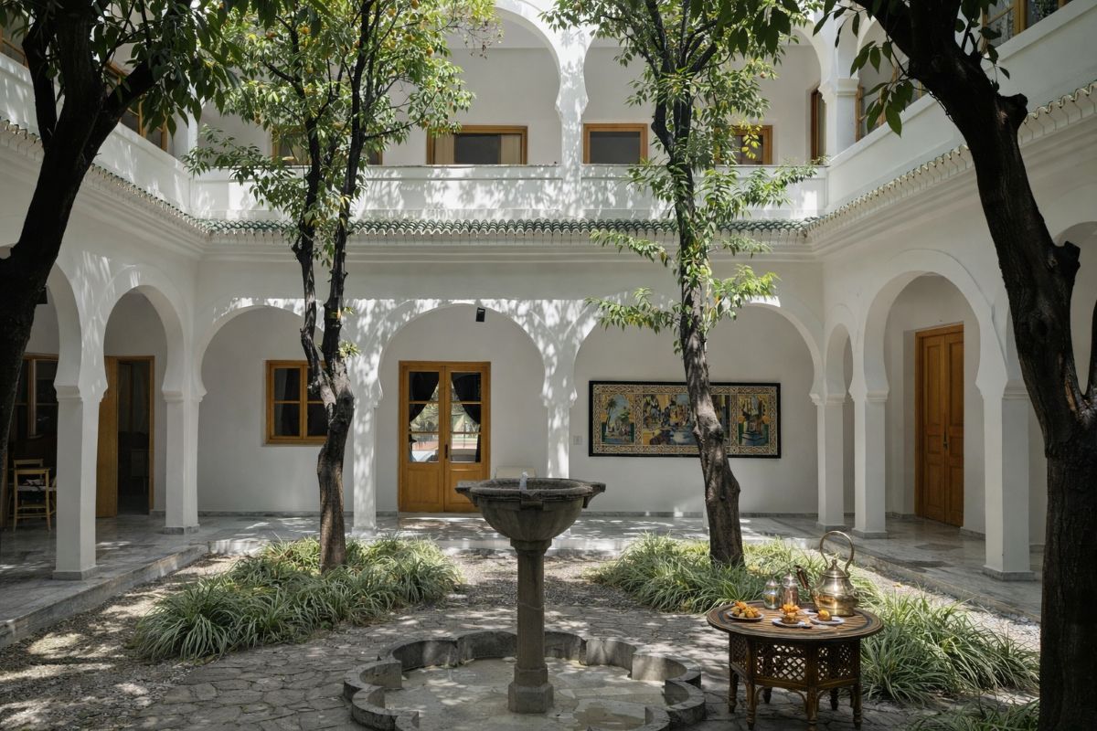 Intérieur dans riad traditionnel marocain avec une fontaine et des arbres