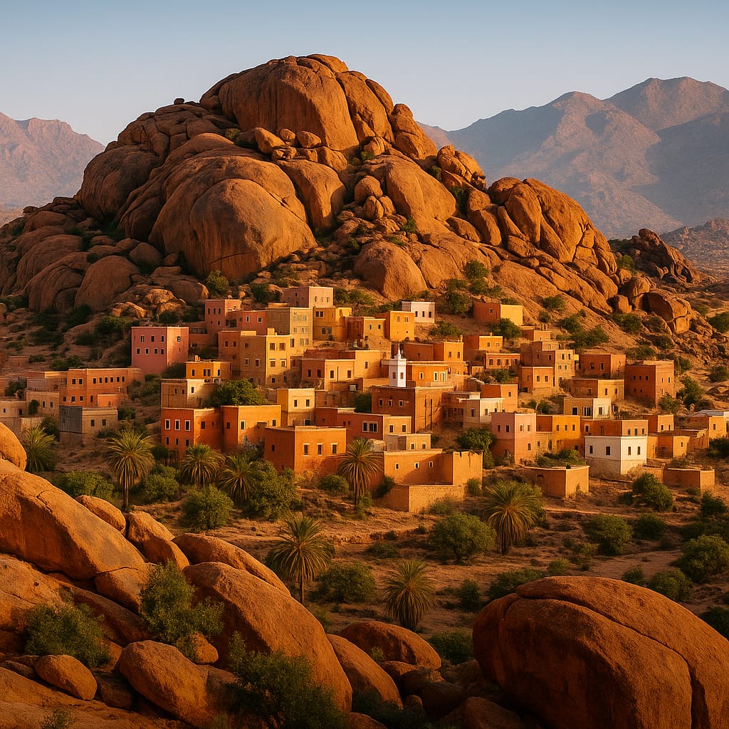 villa berbère sur les montagnes rocheuses dans la ville de Tafraout au Maroc. 