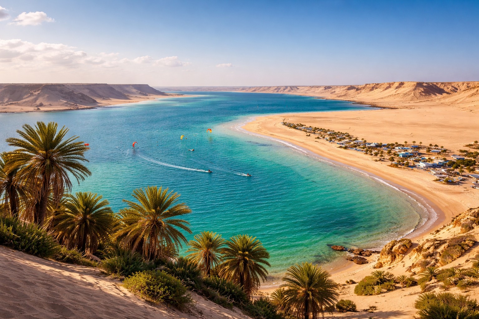 Paysage typique de la villes de Dakhla dans le Sahara marocain.