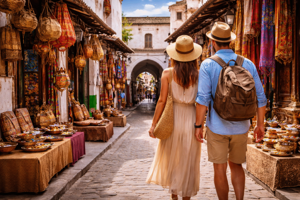Touristes habillés de façon respectueuse dans une médina au Maroc;
